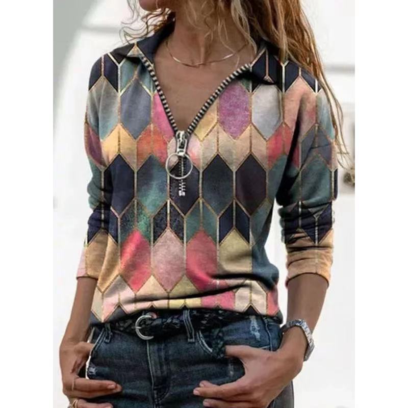 Women's zip pullover with polo collar, graphic diamond print and slim fit Chichicherry