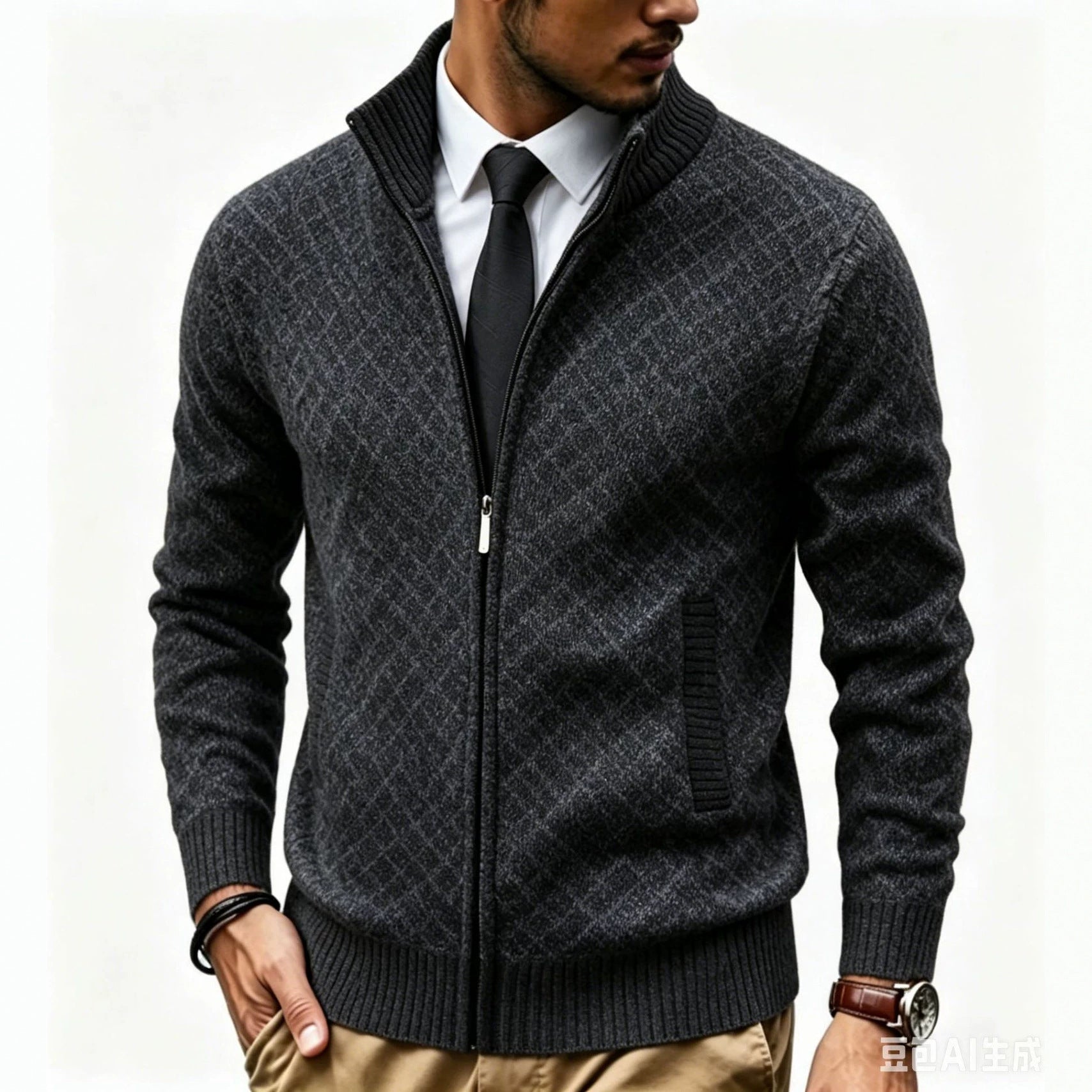 Men's Structured Cardigan with Stand-up Collar and Diamond Jacquard Chichicherry