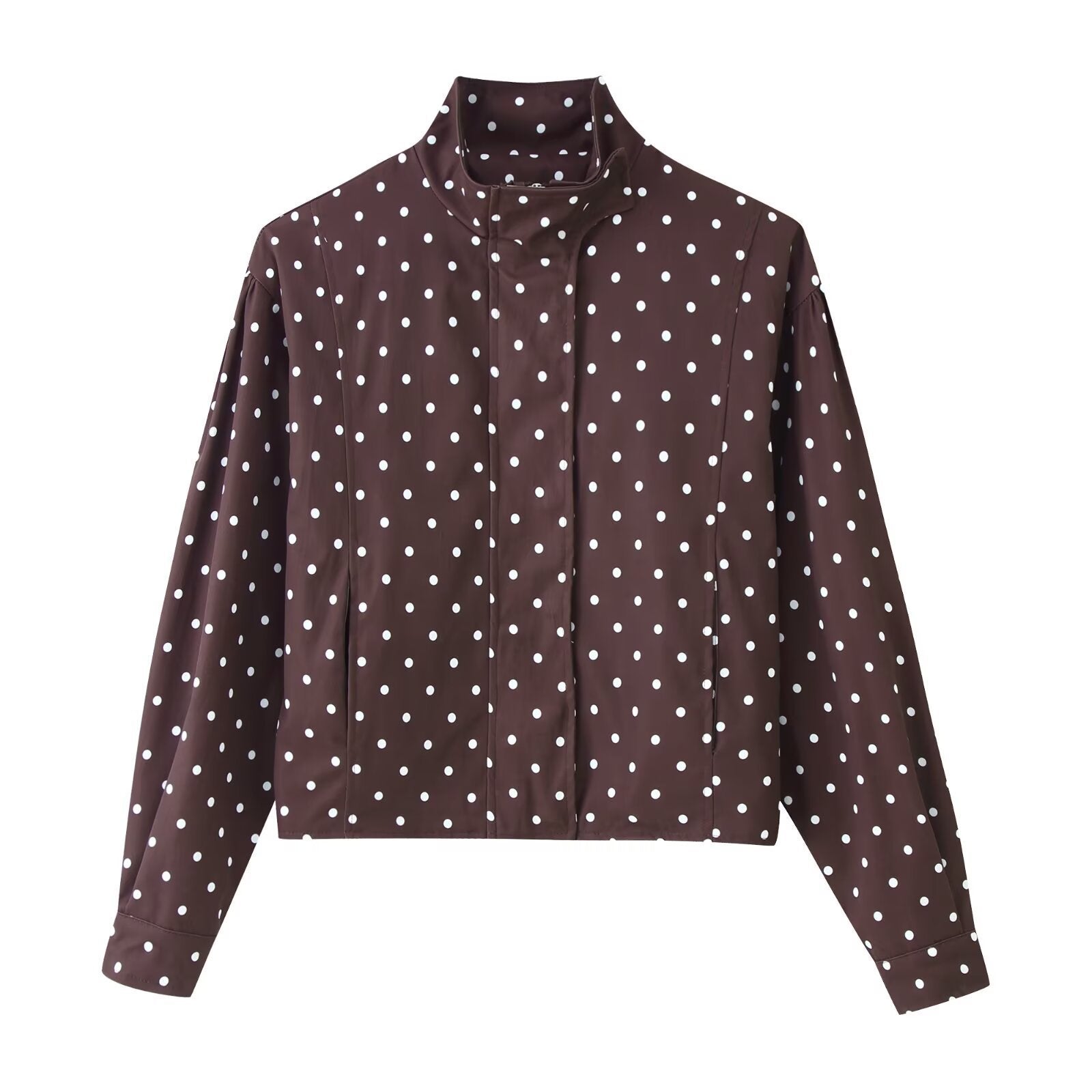 Women Polka Dot Short Jacket with Stand Collar and Concealed Snap Button Placket Chichicherry