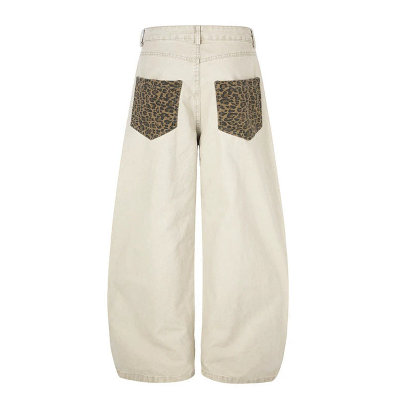 Women's Wide High-Waist Palazzo Jeans with Leopard Inserts and Side Pockets Chichicherry