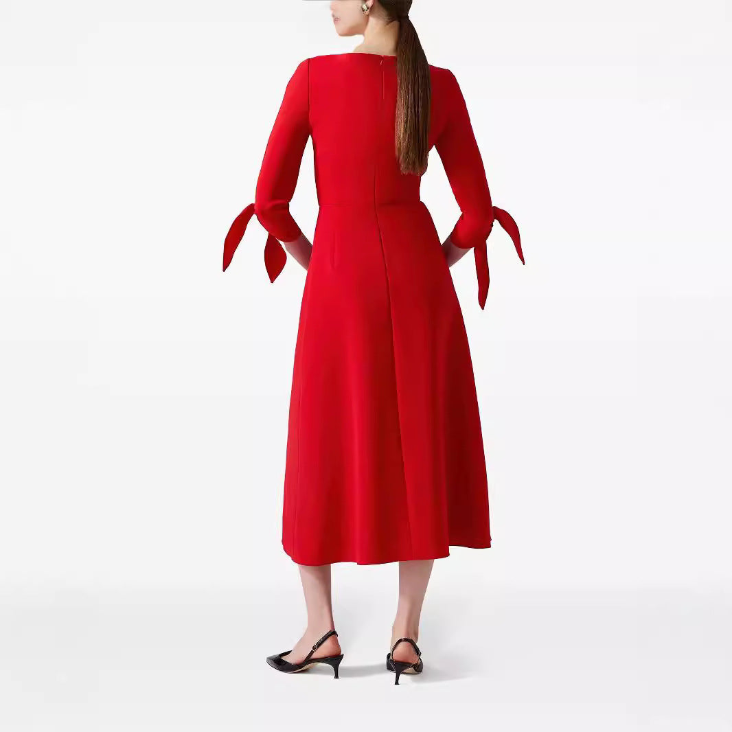 Women's Tailored Midi Dress with V-Neck and Bow Cuffs Chichicherry