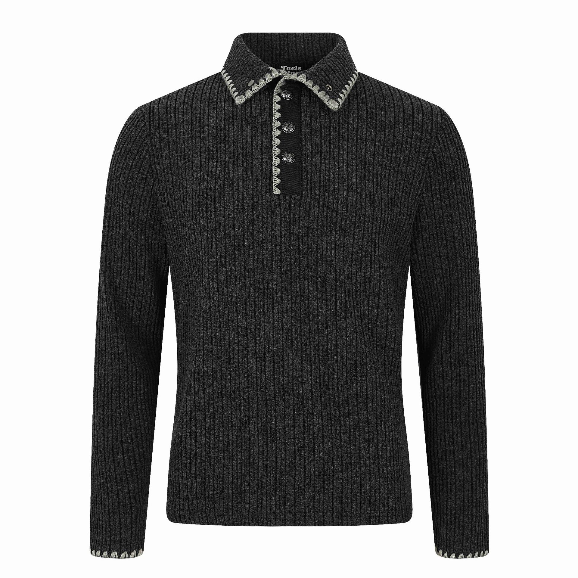 Men's Ribbed Polo Collar Sweater with Decorative Seam and Button Placket Chichicherry