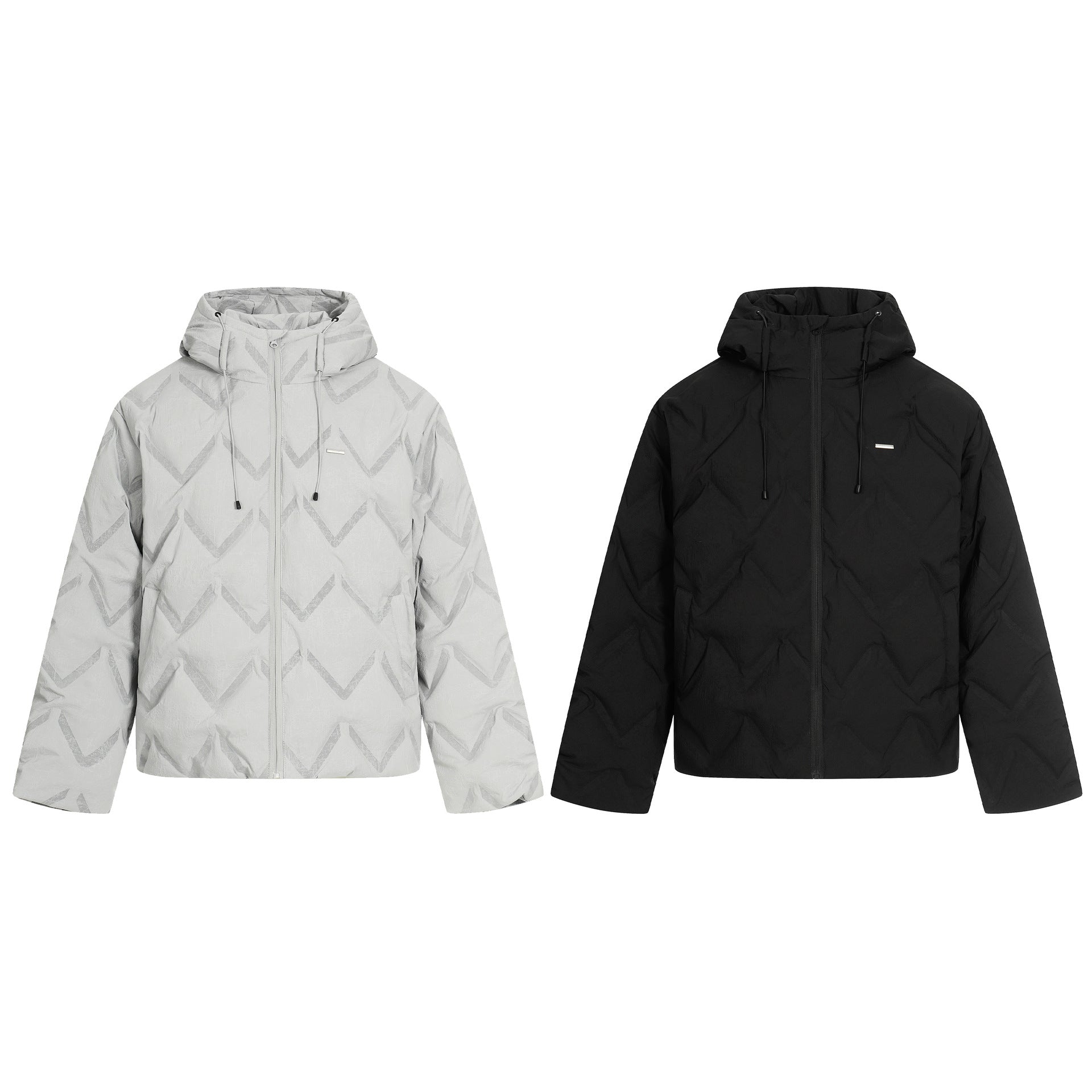 Women's short padded hooded jacket with reflective chevron quilting Chichicherry