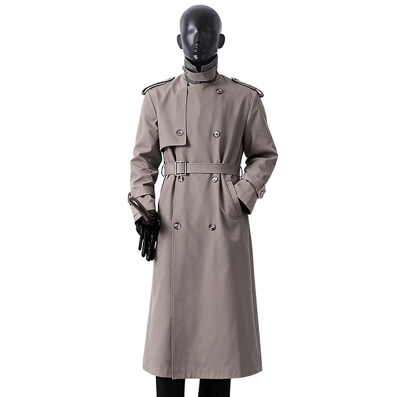Men's Timeless Maxi Long Trench Coat in Military Style with Storm Flap and Waist Belt Chichicherry