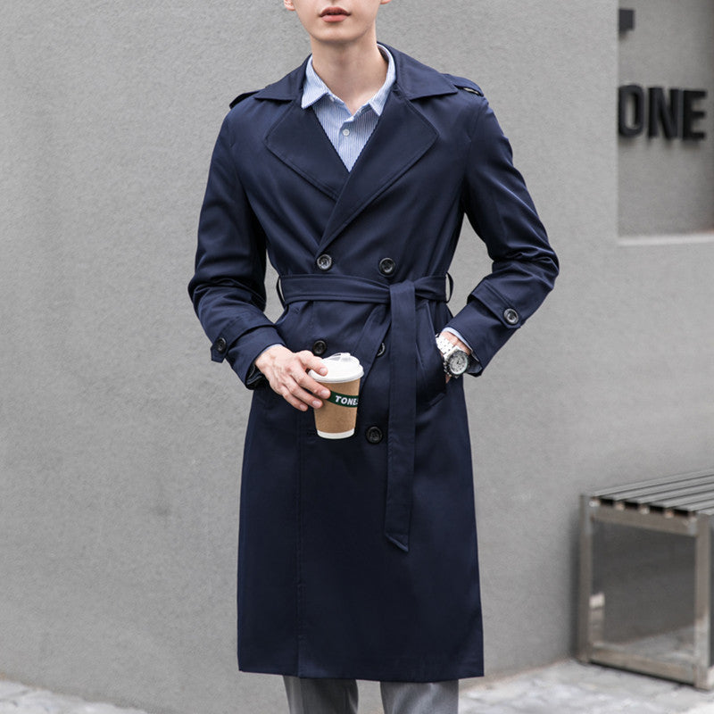 Men Water-repellent Trench Coat with Double Row, Classic Lapels and Waist Belt Chichicherry
