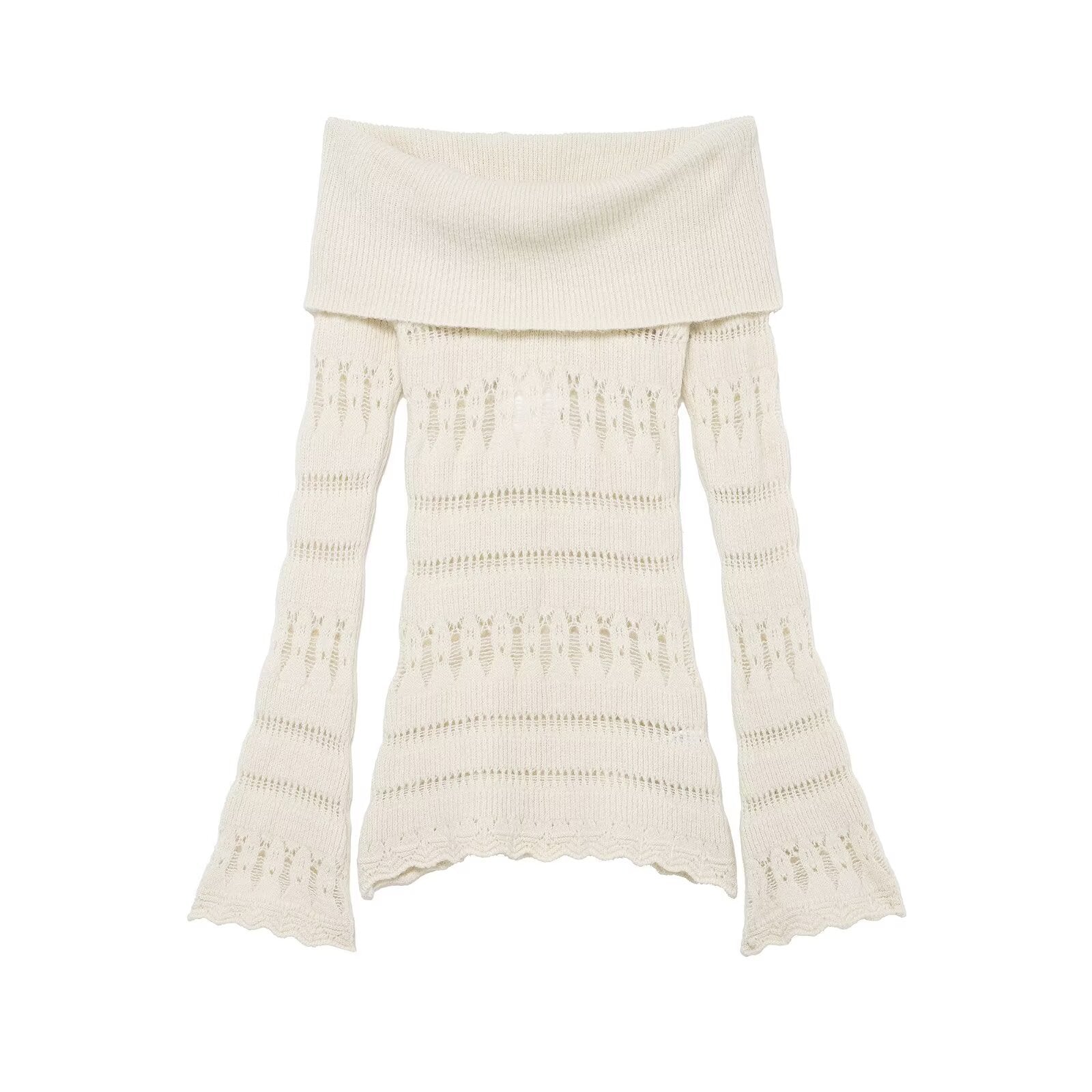 Women's Off-Shoulder Fine Knit Sweater with Folded Roll Neck and Bell Sleeves Chichicherry