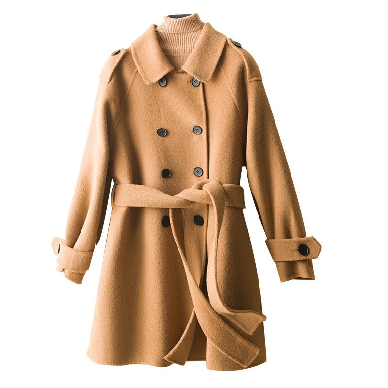 Women's Double-Breasted Wool Blend Coat with Waist Belt, Epaulettes and Adjustable Cuffs Chichicherry