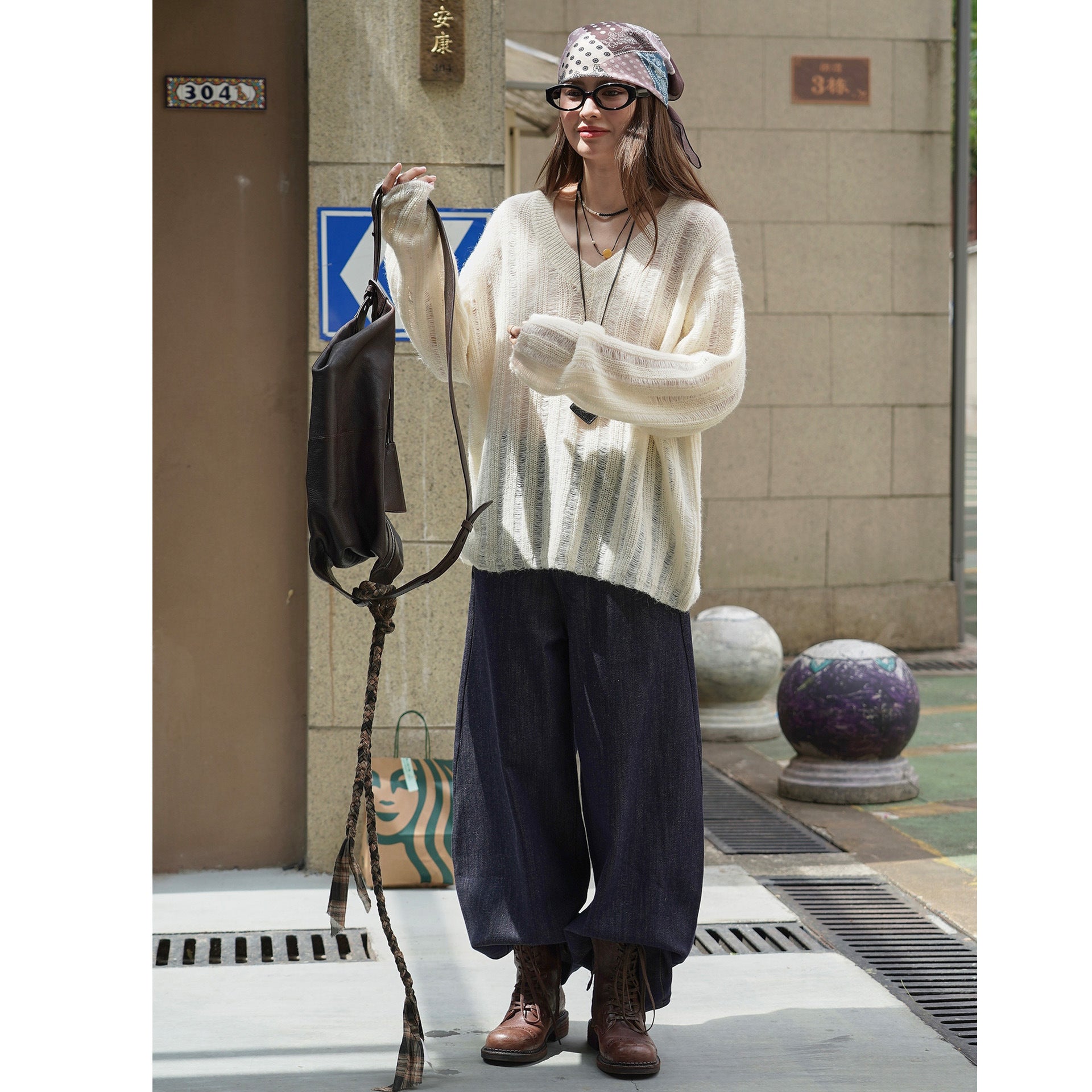 Women Casual V-Neck Sweater made of Fluffy Mix with Structured Rib Look Chichicherry