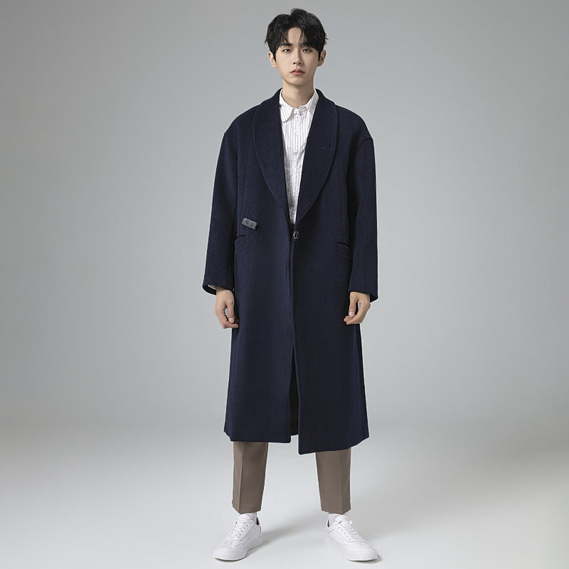 Men's maxi-length wool blend overcoat in oversized fit with wide shawl collar and decorative belt Chichicherry