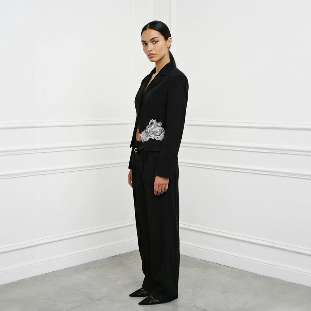 Women's Sculpted Cropped Blazer with Lace Trim and Tailored Silhouette Chichicherry