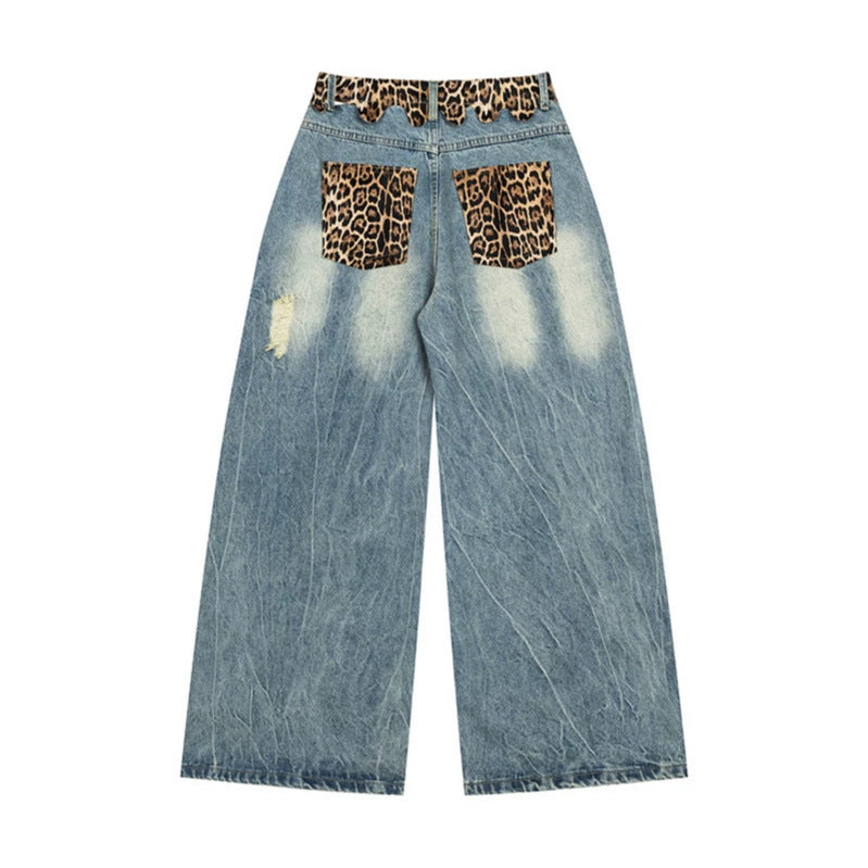 Ladies wide Palazzo jeans with destroyed details, leopard waistband and gothic embroidery Chichicherry