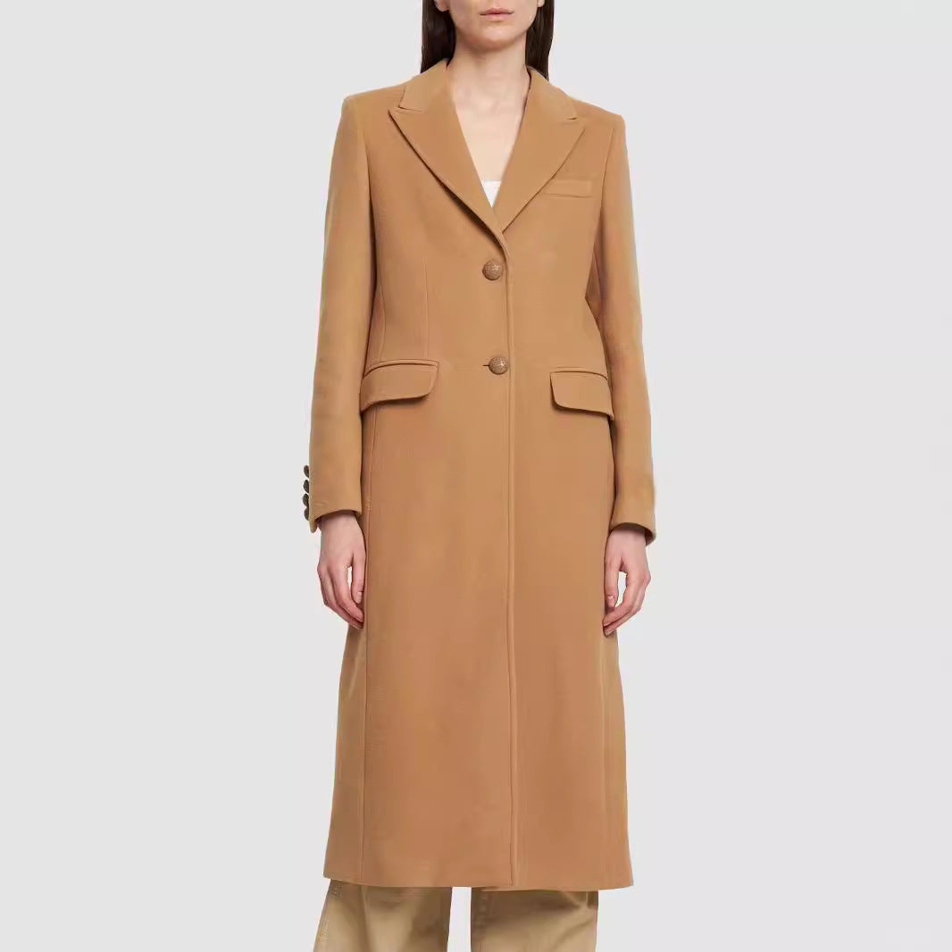 Women's Midi Length Single-Breasted Tailoring Coat with Narrow Lapels and Flap Pockets Chichicherry