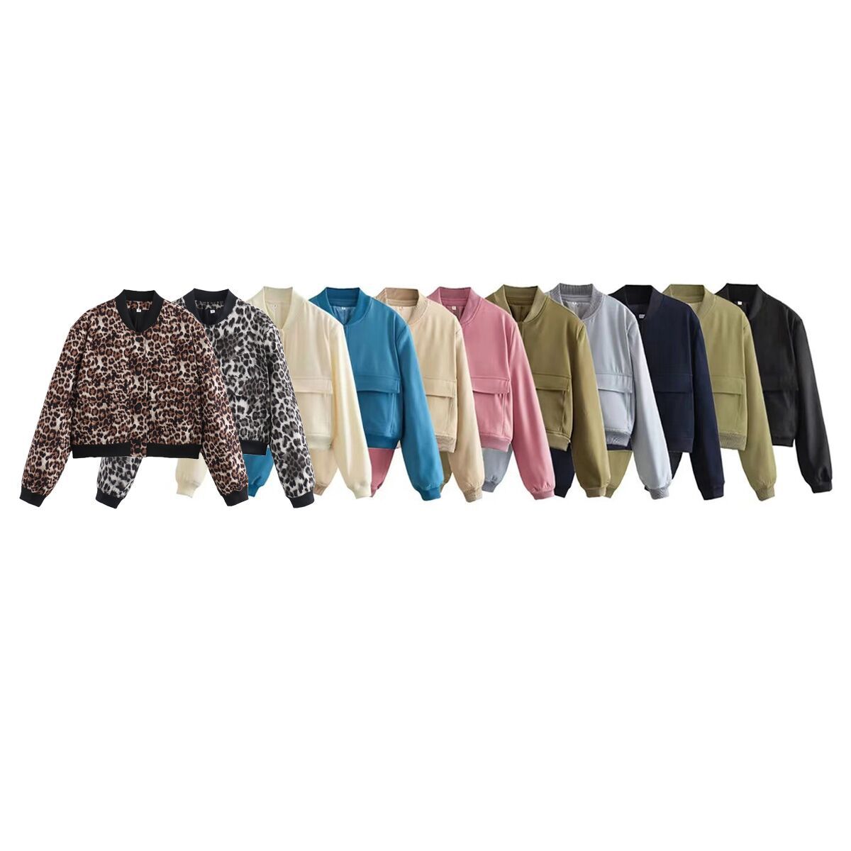 Women's Short Bomber Jacket with Leopard Print, Ribbed Cuffs, and Flap Pockets Chichicherry