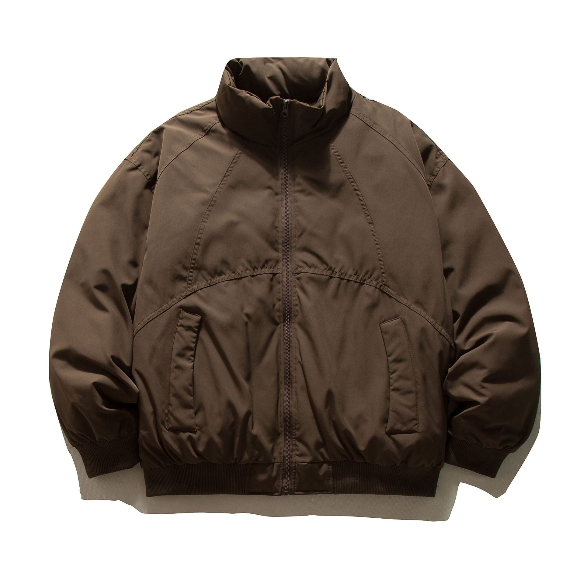Men's boxy padded bomber jacket with high stand-up collar, elastic hem, and practical side pockets.