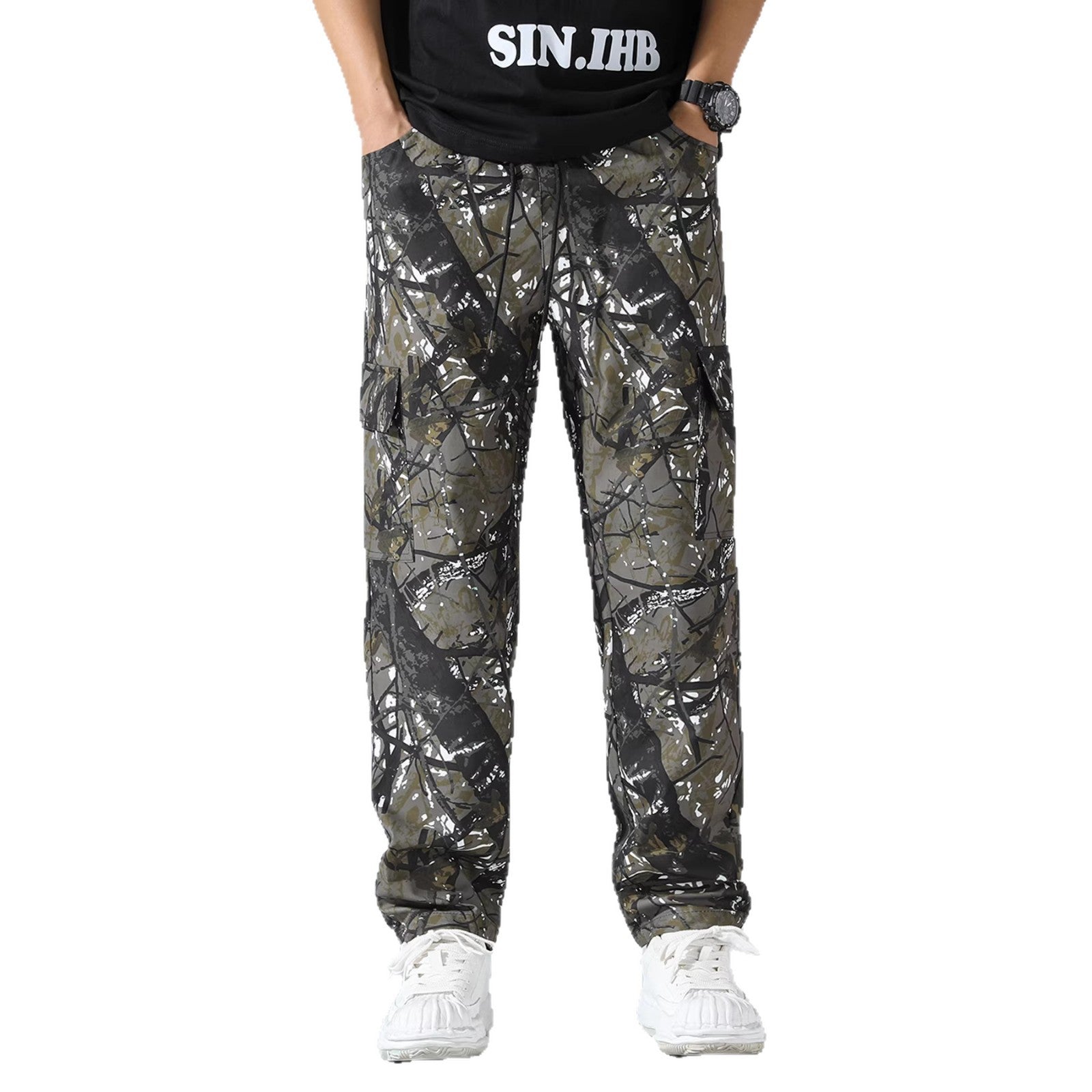 Men's patterned cargo jogging pants with drawstring waistband, cargo pockets & elastic ankle cuffs Chichicherry