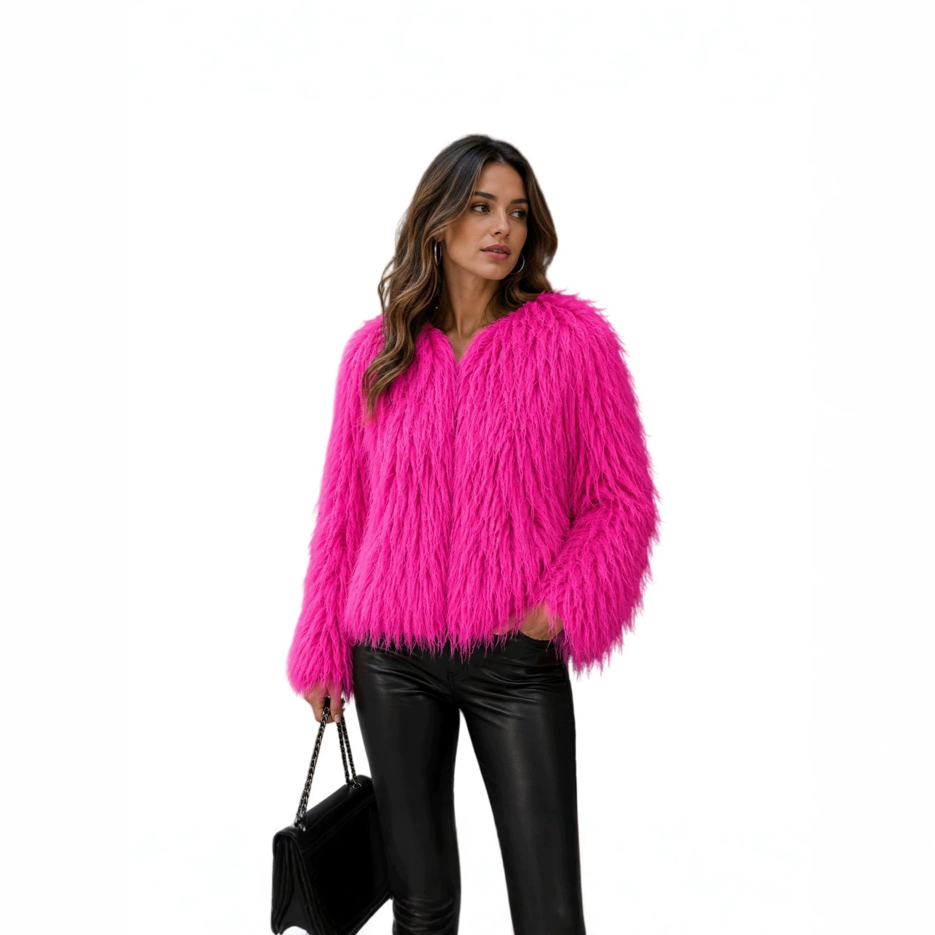 Women Short-Cut Shaggy Faux Fur Jacket with Round Neck, Extra Soft Long Hair and Casual Fit Chichicherry