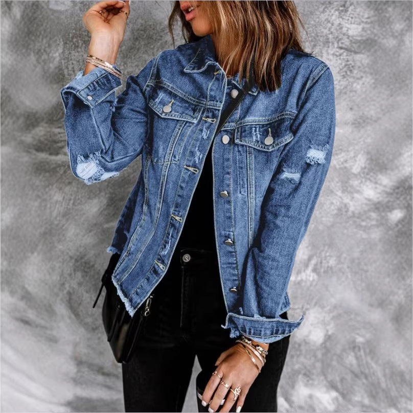 Women's denim jacket with casual destroyed sleeves and raw hem Chichicherry