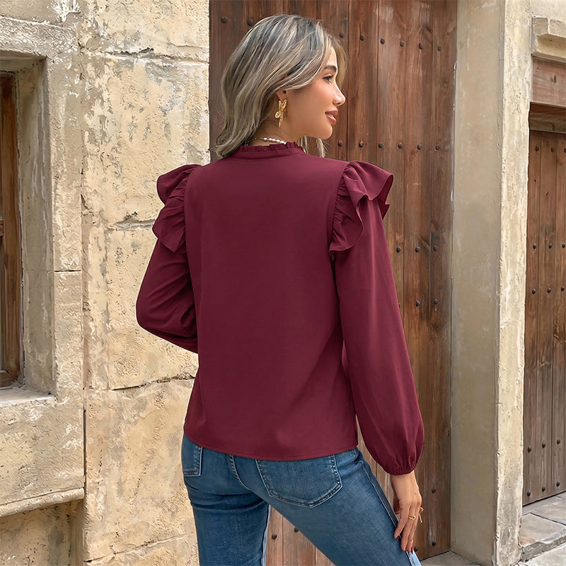 Women's Romantic Ruffled Blouse with Stand Collar, V-Neck and Balloon Sleeves Chichicherry