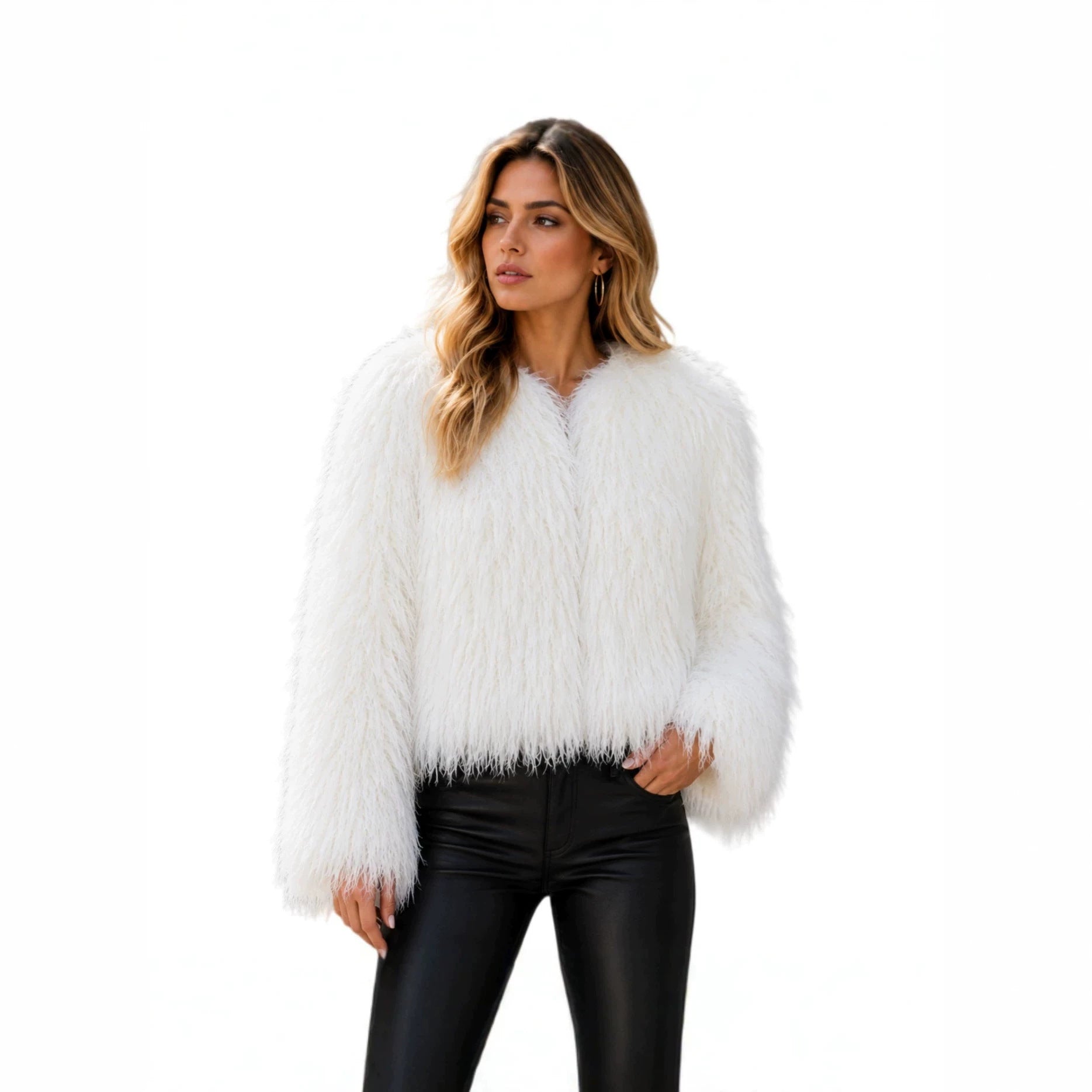 Women Short-Cut Shaggy Faux Fur Jacket with Round Neck, Extra Soft Long Hair and Casual Fit Chichicherry