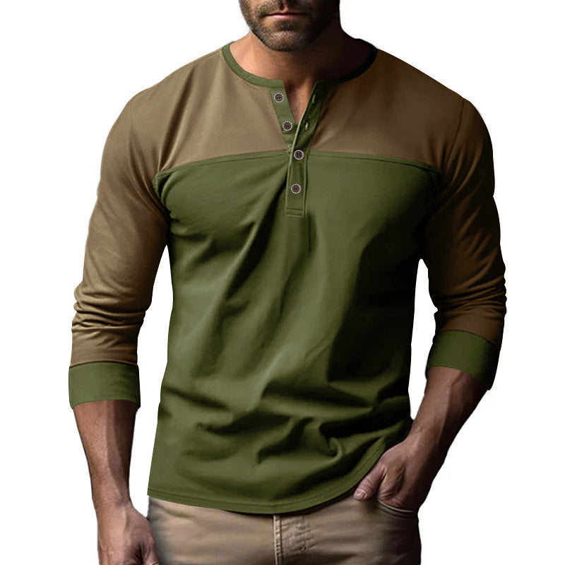 Men's Modern Henley Shirt with Color Block Shoulder and Half Button Placket Chichicherry