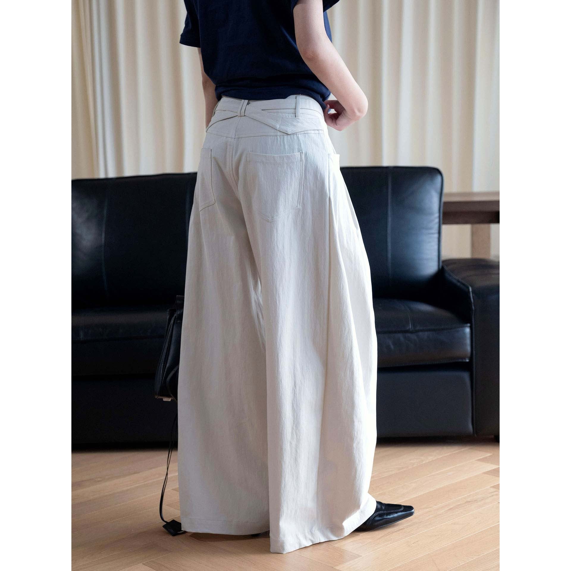 Women Wide Pleated Trousers with High Waist and Tie Belt Chichicherry