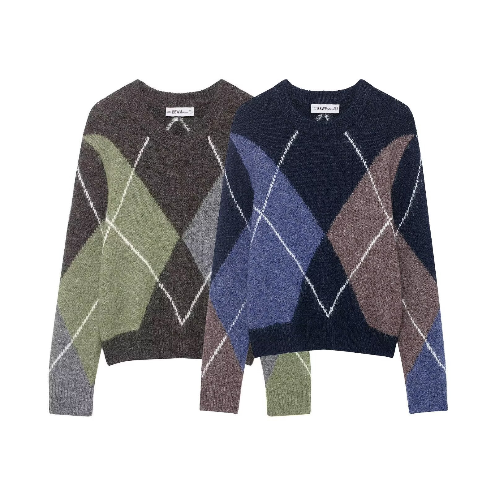 Women Oversized Diamond Knit Sweater with Mohair Effect Chichicherry
