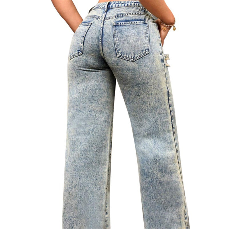Ladies High-Waist Relaxed Jeans with Stone Wash Effect and Side Ripped Insert Chichicherry