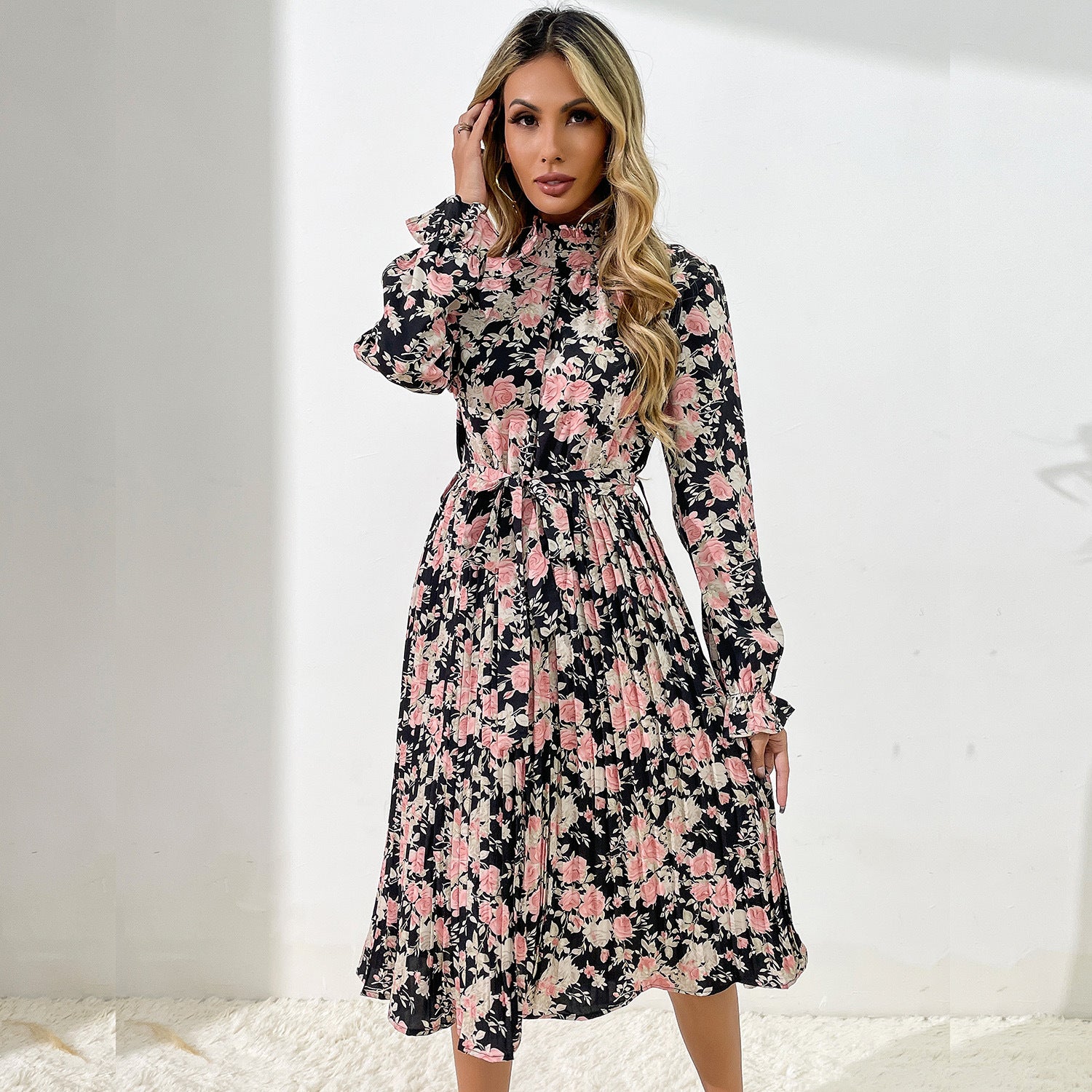 Women's midi dress with floral print, pleated skirt, stand collar, and tie belt Chichicherry