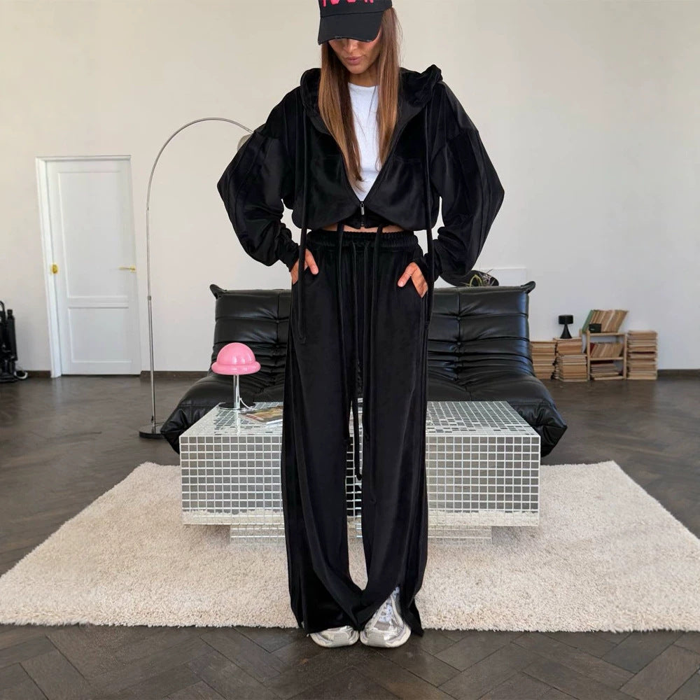 Women's Cropped Hoodie and Highwaist Lounge Pants Set made of French Terry with drawstring Chichicherry