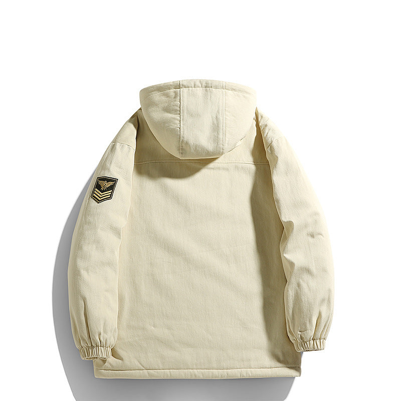 Men's Hooded Canvas Parka with Teddy Fleece Lining and Military Patch Chichicherry