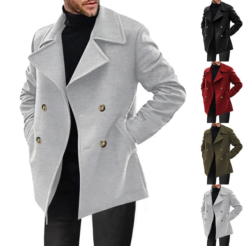 Men's Double-Breasted Tailored Peacoat with Wide Lapels and Pockets Chichicherry