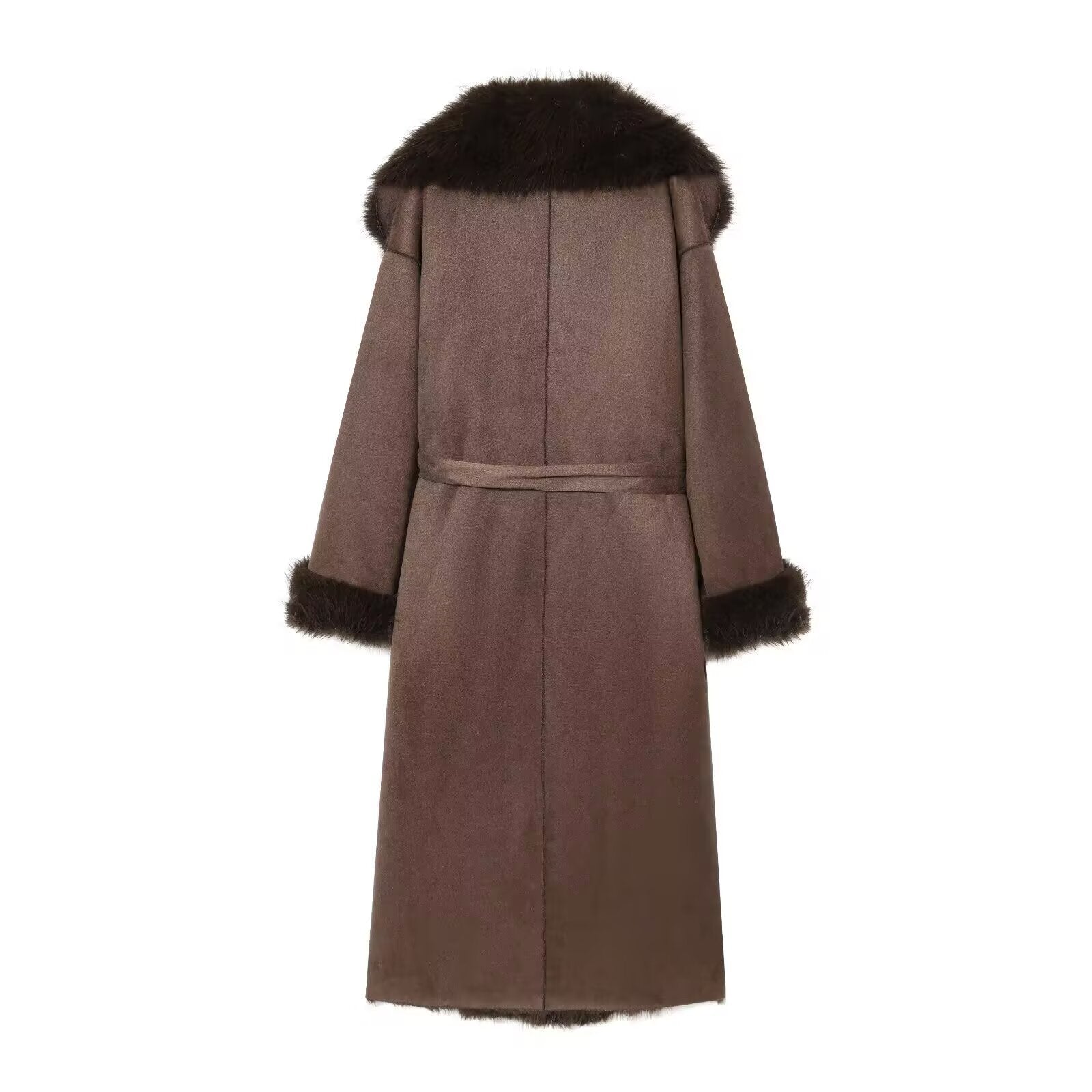 Women's Long Sheepskin Look Coat with Hood, Tie Belt and Faux Fur Trim Chichicherry