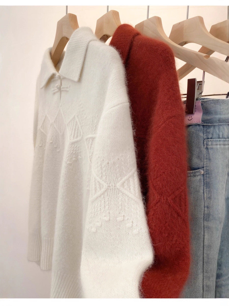 Women's polo collar sweater in mohair look with ajour cable pattern, dropped shoulders and loose silhouette Chichicherry