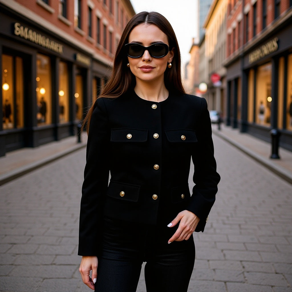 Women Short Boucle Blazer Jacket with Round Neck, Decorative Pocket Flaps, and Gold-Colored Buttons Chichicherry
