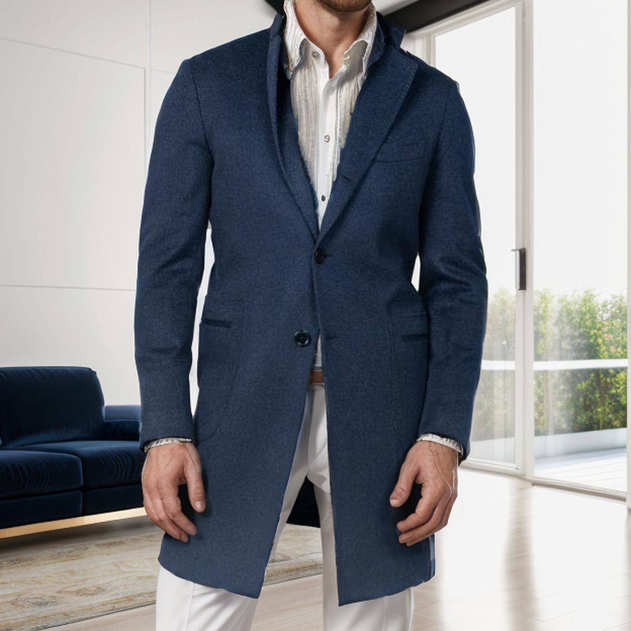 Men's Long Tailored Wool Blend Coat with Subtle One-Button Placket Chichicherry