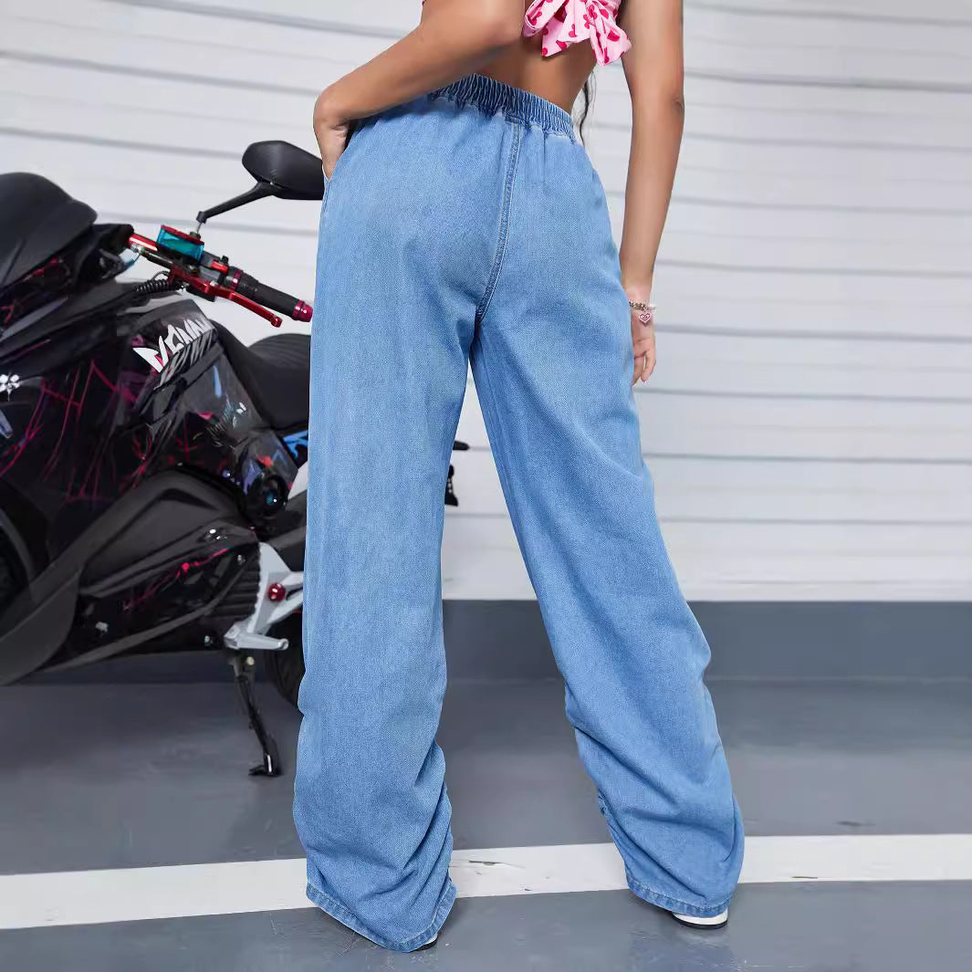 Women's Wide Denim Pants with Elastic Waistband and Gathered Hem Chichicherry