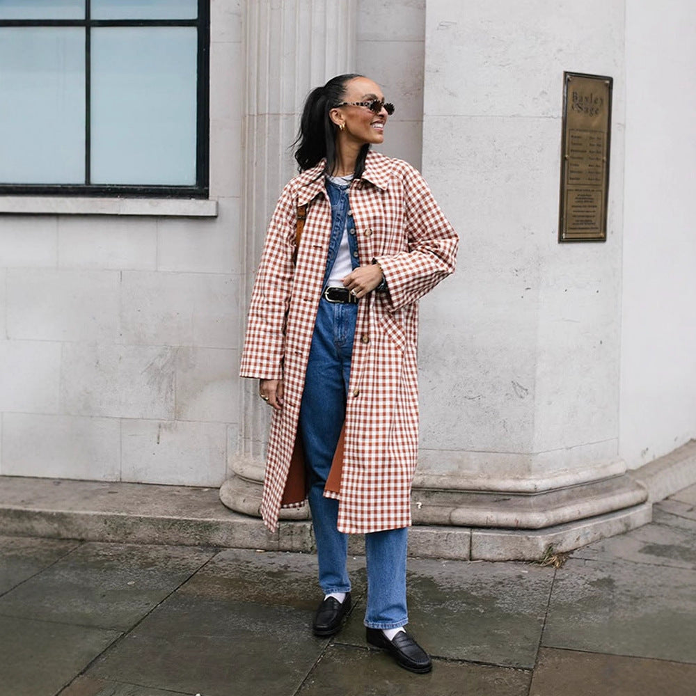Women's Checkered Trench Coat Mid-Length with Button Placket and Contrast-Lined Cuffs Chichicherry