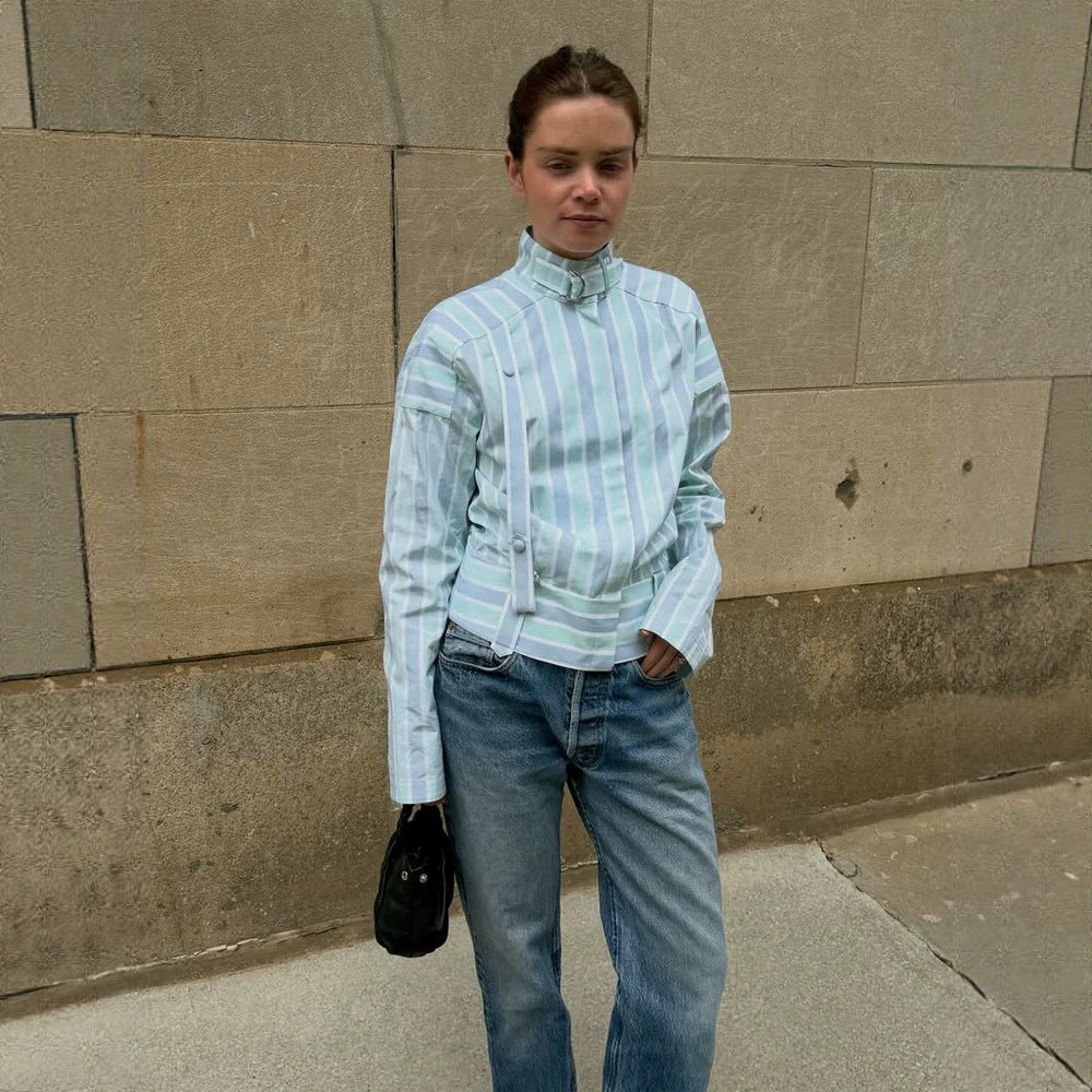 Women's Structured Blouse with Stand Collar, Waist Belt and Vertical Stripe Design Chichicherry