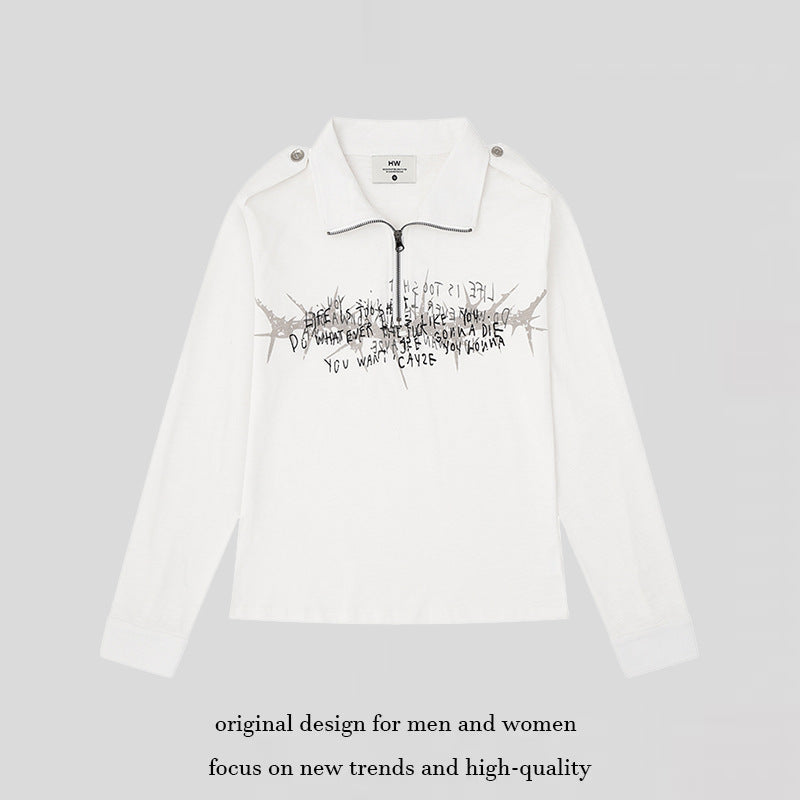 Women's long sleeve polo shirt with short zipper, shoulder pads and statement print Chichicherry