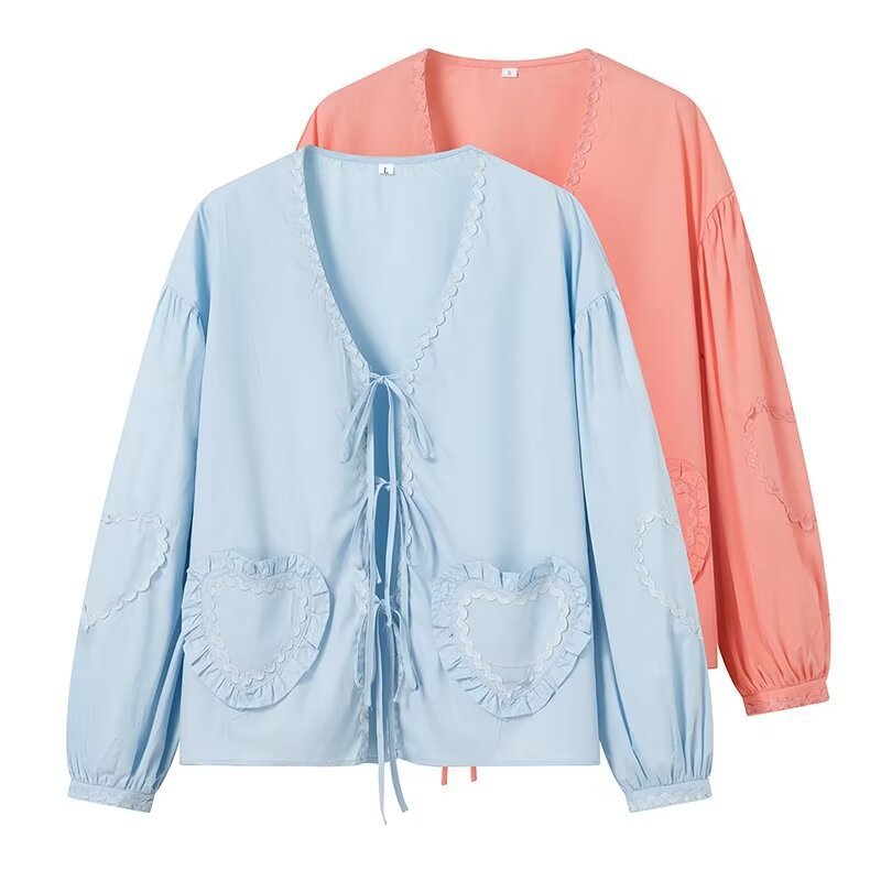 Women's Long-Sleeved V-Neck Blouse with Ties and Heart Ruffle Pockets Chichicherry
