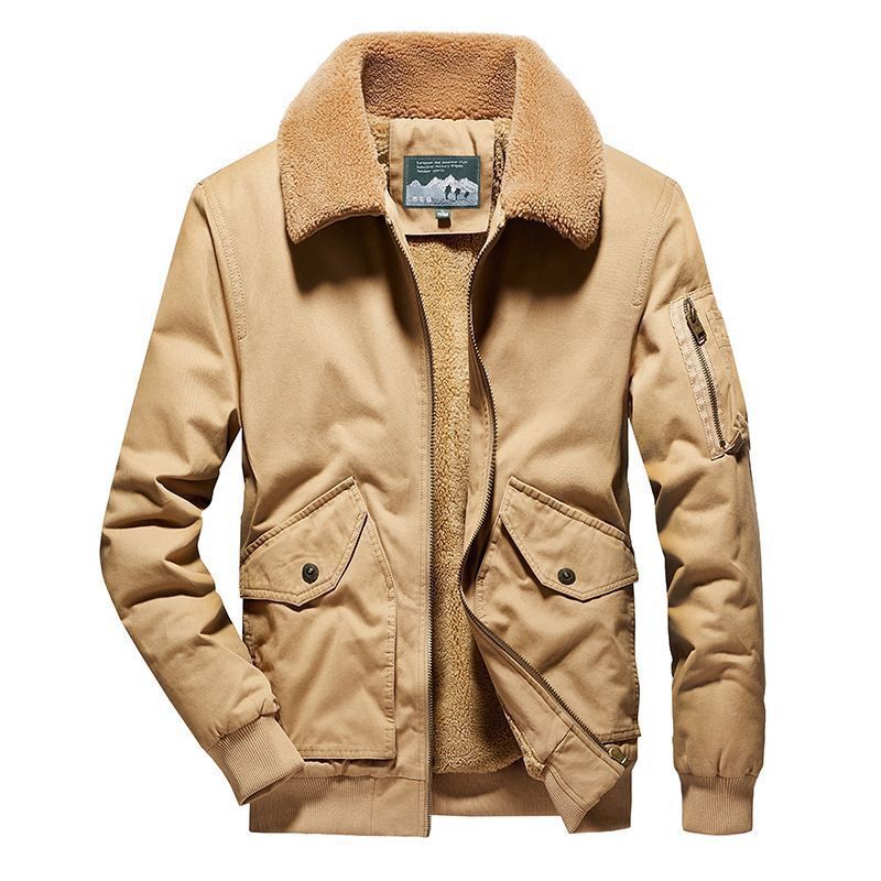 Men's Canvas Bomber Jacket with Sherpa Lining, Teddy Collar and Utility Pockets Chichicherry
