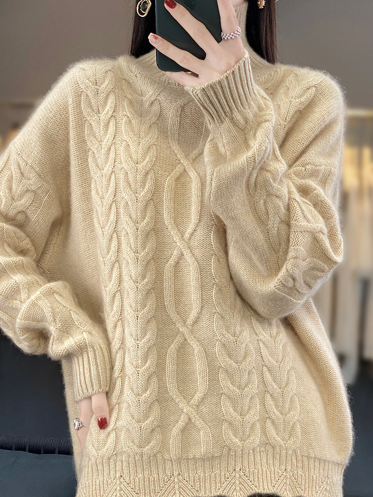 Women's Oversized Cable Knit Sweater with Mohair Look and Ribbed Cuffs Chichicherry