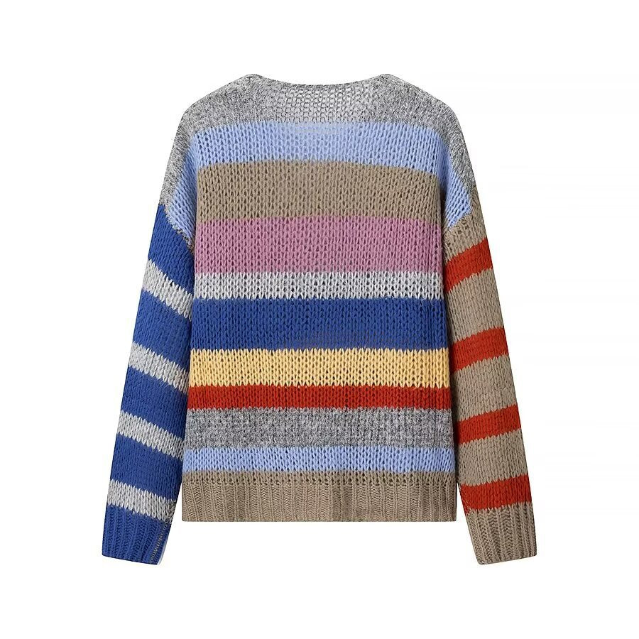 Women's Oversize Knit Sweater made of Mohair Mix with Voluminous Balloon Sleeves and Block Stripes Chichicherry