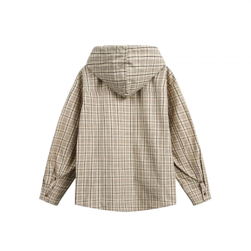 Unisex wide checkered hooded shirt jacket made of cotton flannel with patch breast pocket Chichicherry