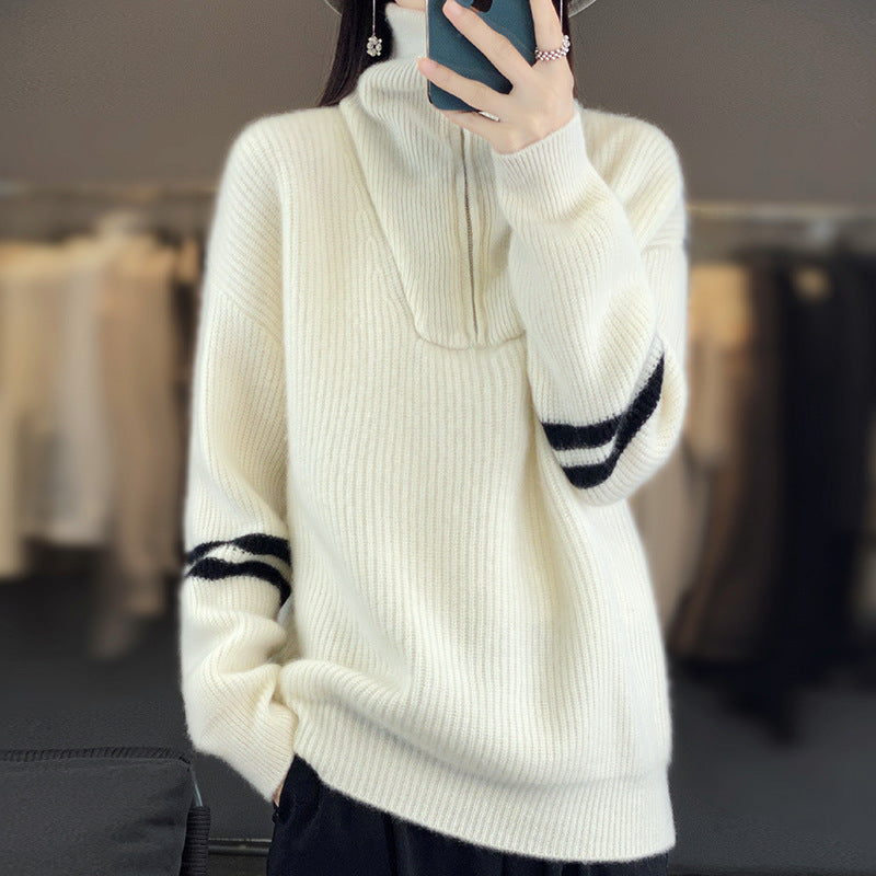 Women's ribbed knit pullover with half zipper, high collar, and casual fit Chichicherry