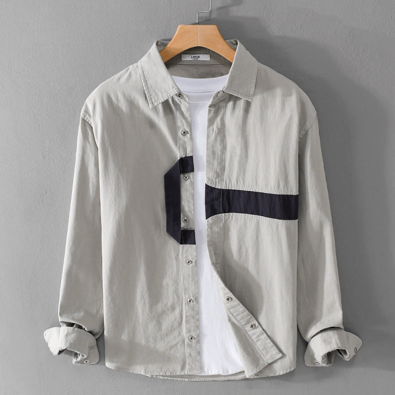 Men's Casual Overshirt Shirt with Geometric Contrast Stripe and Snap Placket Chichicherry