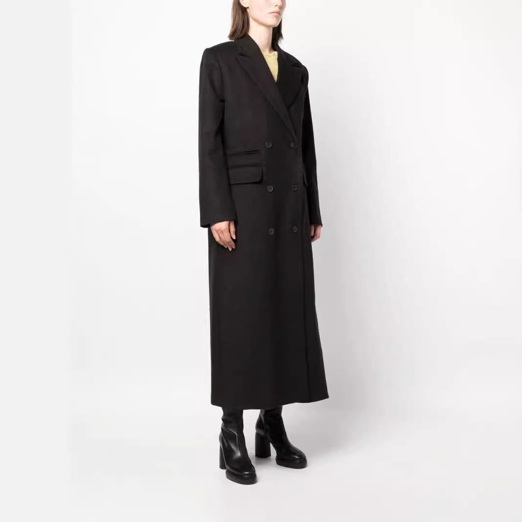 Women's Maxi Long Double-Breasted Wool Blend Coat with Structured Shoulders and Flap Pockets Chichicherry