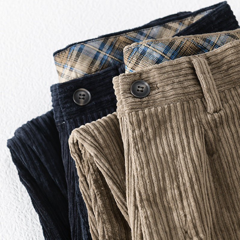 Men's corduroy pants with a tapered cut, high waistband, checked inner band, and rolled hem Chichicherry