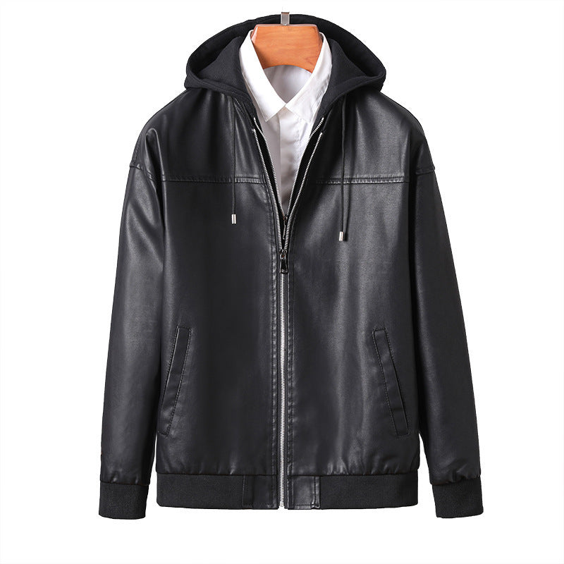 Men's faux leather bomber-style hooded jacket with full zip and ribbed cuffs Chichicherry