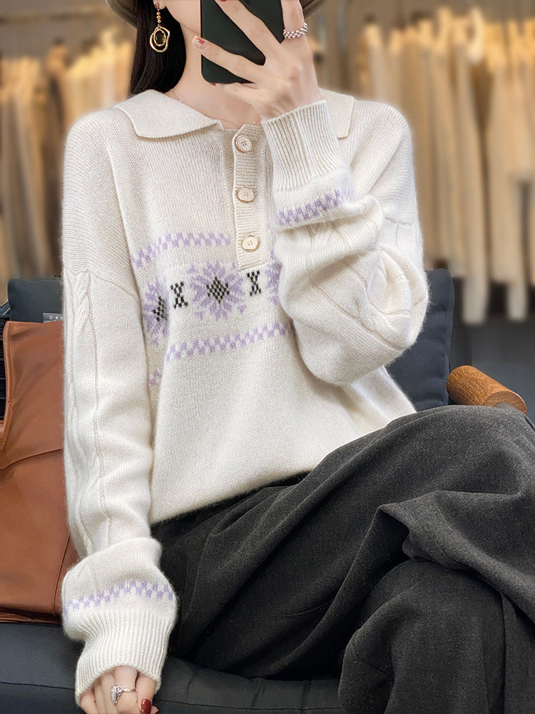 Women's Oversized Polo Collar Knit Sweater with Norwegian Pattern and Raglan Sleeves Chichicherry